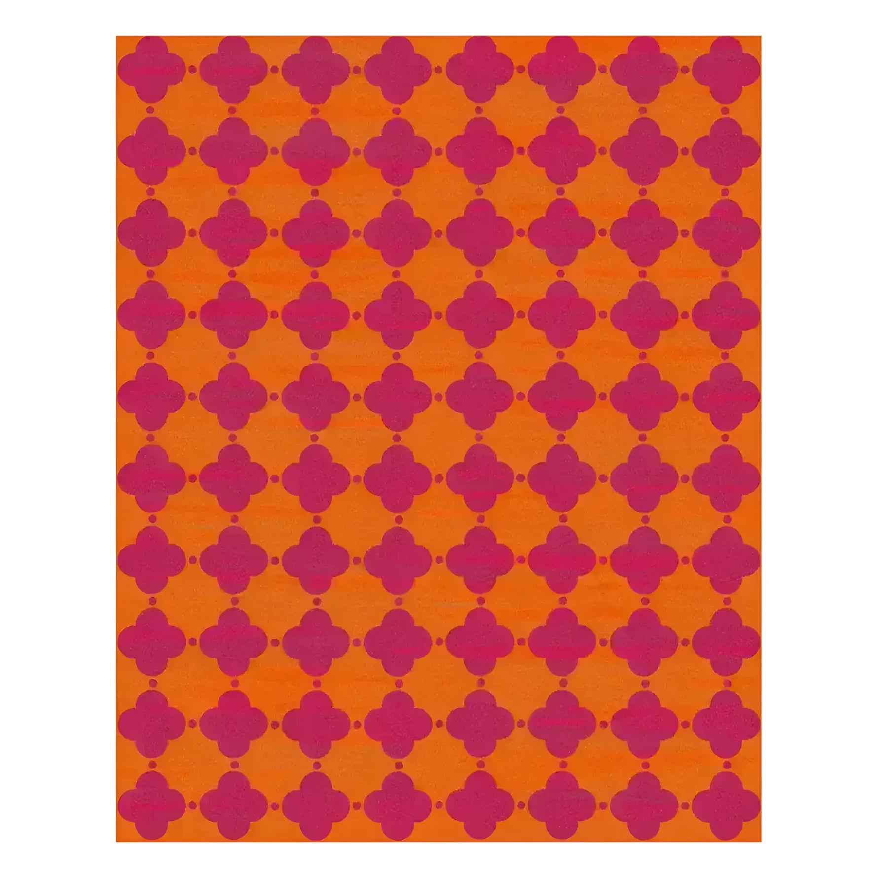 Experience the vibrant charm of the Clovers Hand Tufted Rug, an 8 x 10 ft area rug perfect for your living room. This wool rug features a striking pattern of bold purple clovers against a bright orange background, adding a lively touch to any space.