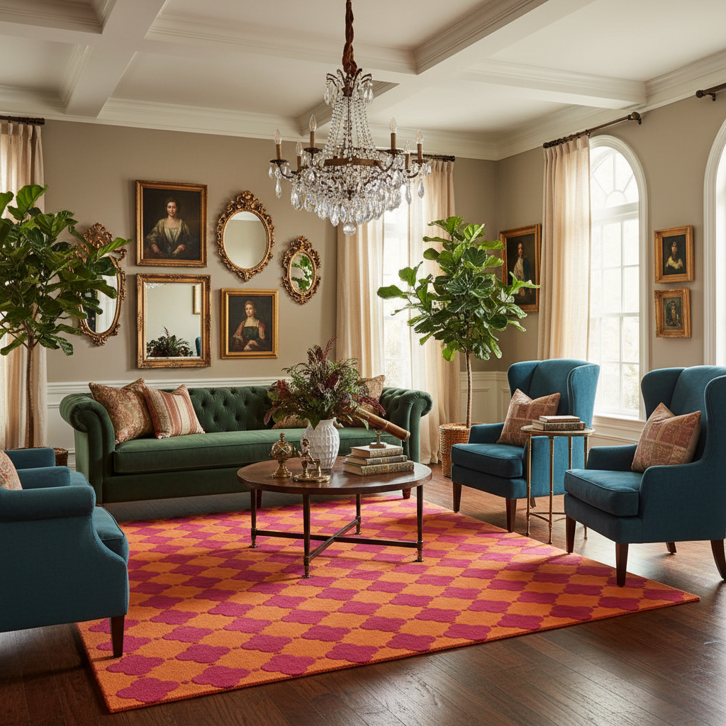 Living room with green sofa, blue armchairs, orange rug, and a chandelier.