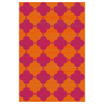 A vibrant area rug perfect for a living room, measuring 8x10 feet. The wool rug features an eye-catching design with bold pink clover patterns against a warm orange background, adding a pop of color to any space.