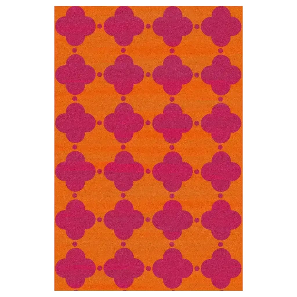 A vibrant area rug perfect for a living room, measuring 8x10 feet. The wool rug features an eye-catching design with bold pink clover patterns against a warm orange background, adding a pop of color to any space.
