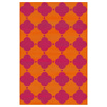 A vibrant area rug perfect for a living room, measuring 8x10 feet. The wool rug features an eye-catching design with bold pink clover patterns against a warm orange background, adding a pop of color to any space.