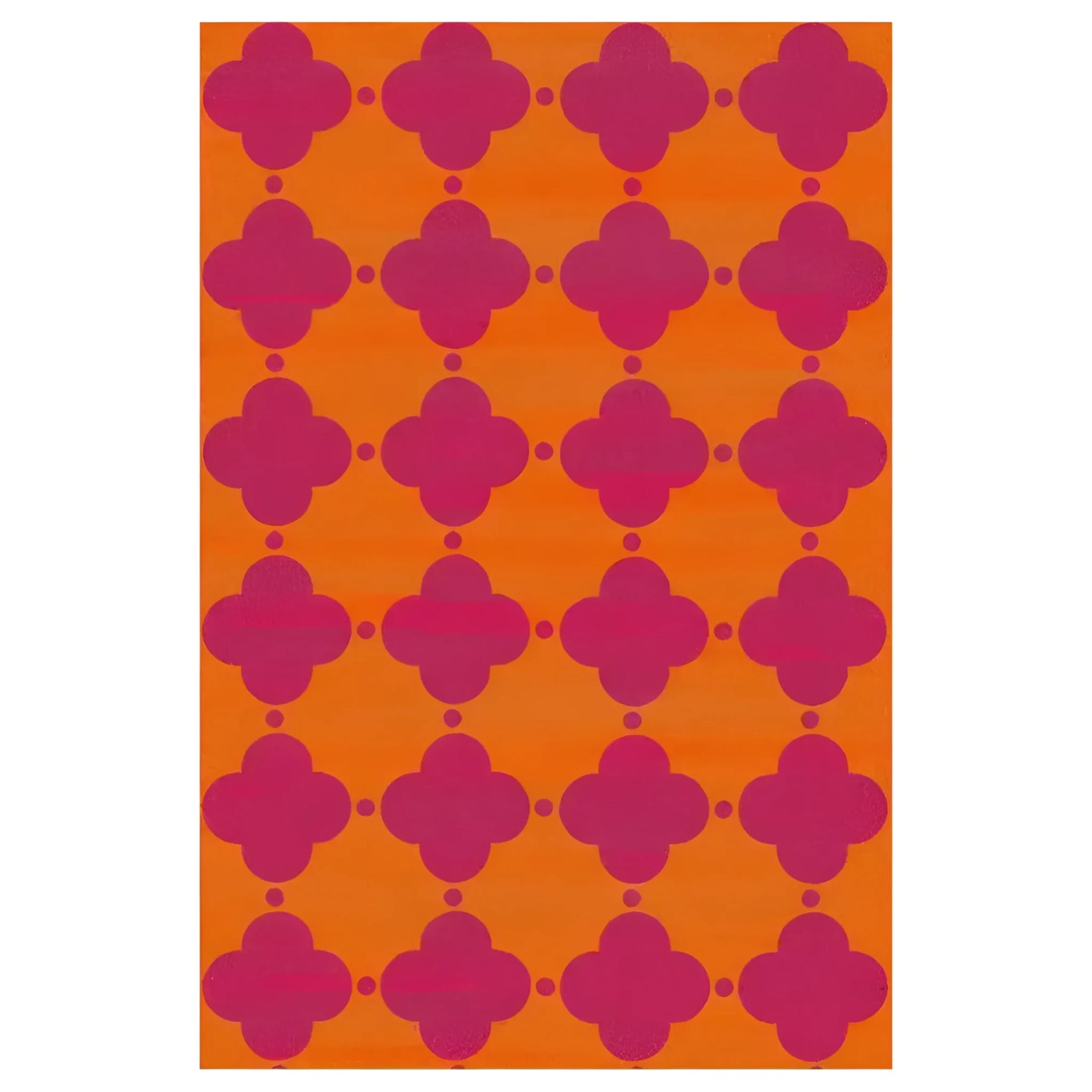 A vibrant area rug perfect for a living room, measuring 8x10 feet. The wool rug features an eye-catching design with bold pink clover patterns against a warm orange background, adding a pop of color to any space.
