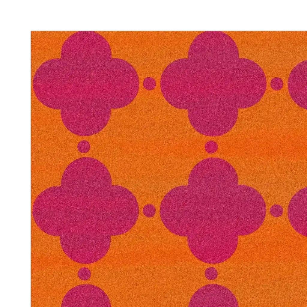 Vibrant Clovers Hand Tufted Area Rug showcasing a bold design with pink clover shapes against an orange background, perfect for enhancing any living room. This 8x10 wool rug adds a splash of color and style to your space.