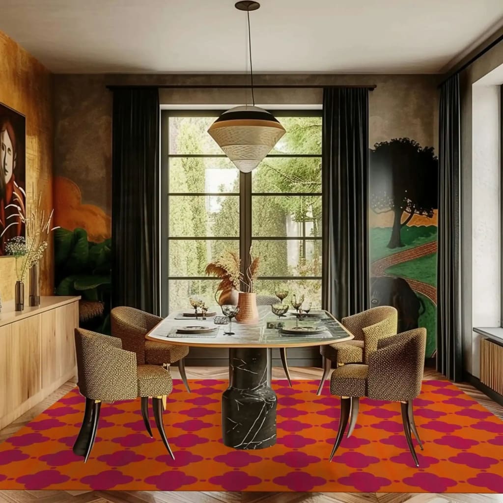 A vibrant Orange Pink Clovers Hand Tufted Area Rug in a stylish dining room. The rug, perfect for dining room area rugs or living room rugs 8x10, features an eye-catching pattern in wool. It complements the elegant dining table and chairs, creating a cozy and inviting atmosphere ideal for any living room space.