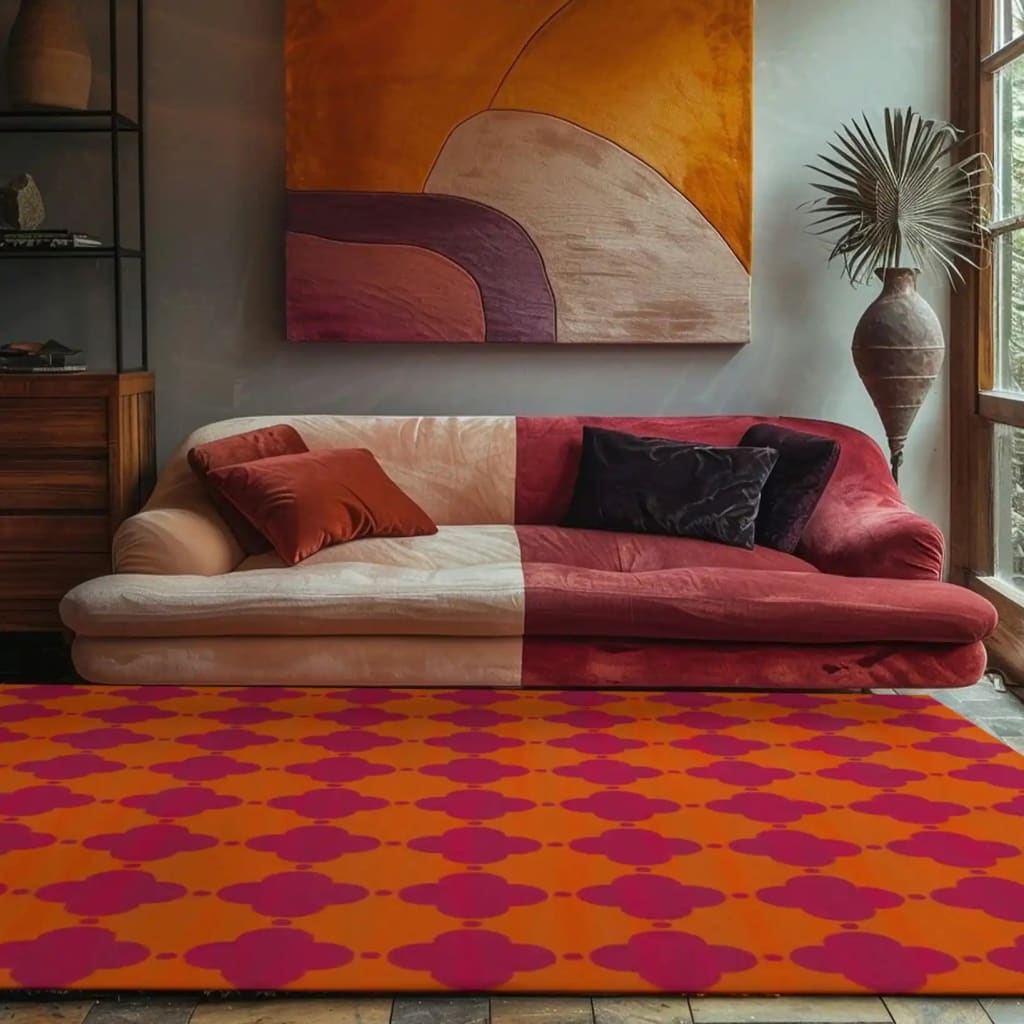 A vibrant area rug with orange and pink clover patterns enhances the cozy ambiance of a living room. The wool rug, perfect for both dining room and living room settings, measures 8x10 and complements the colorful sofa and abstract wall art.