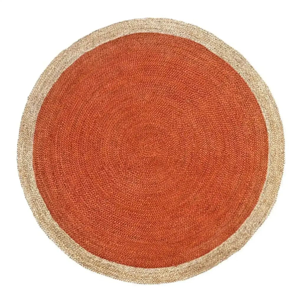 Top view of an Orange Round Jute Rug, perfect for adding a warm touch to large living room spaces or as a stylish bedroom area rug. This natural fiber round rug is ideal for enhancing your living room or bedroom decor.