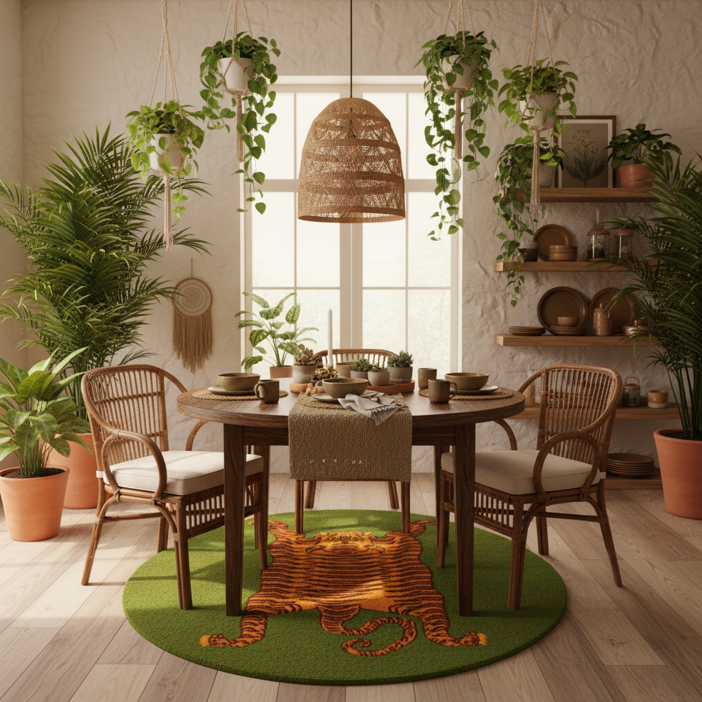 Dining room with wooden table, chairs, and plants in a home setting.