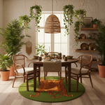 Dining room with wooden table, chairs, and plants in a home setting.