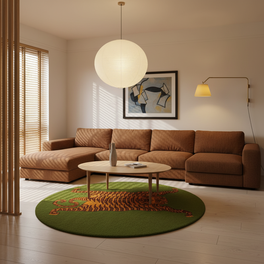Orange Tibetan Tiger Green Hand Tufted Round Rug