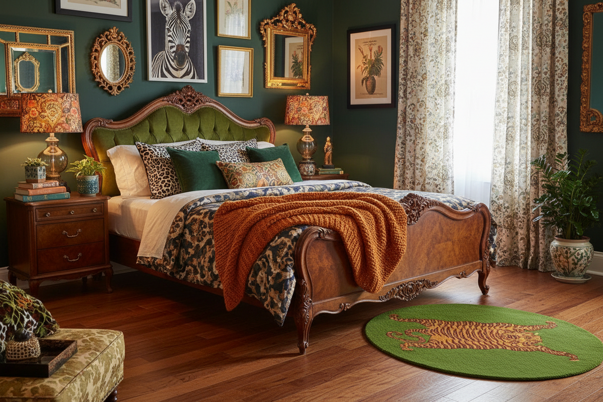 Decorative bedroom with a large bed, side tables, and wall art.