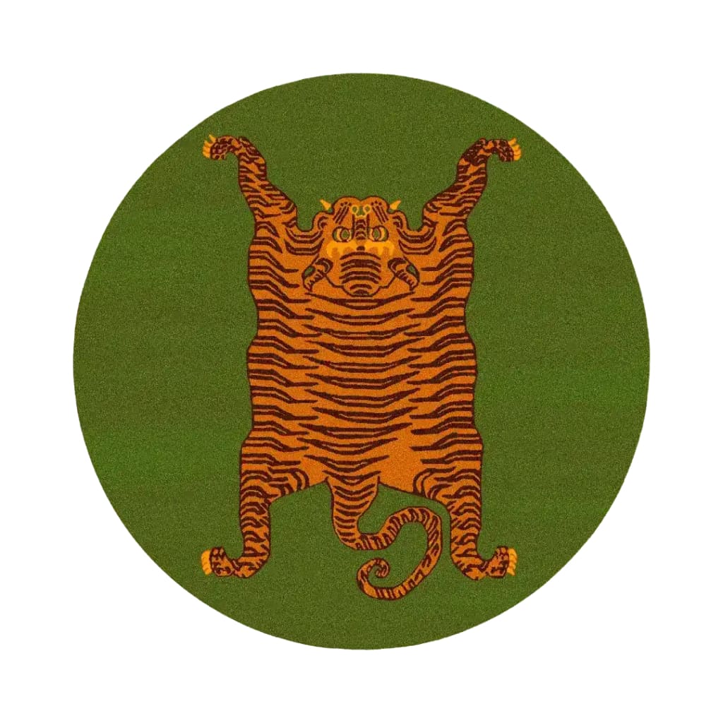 The image showcases a vibrant Orange Tibetan Tiger Green Hand Tufted Round Rug, ideal for an office or living room. This wool area rug features a striking tiger design with bold stripes on a green background, perfectly suited as a large area rug for adding style and comfort.