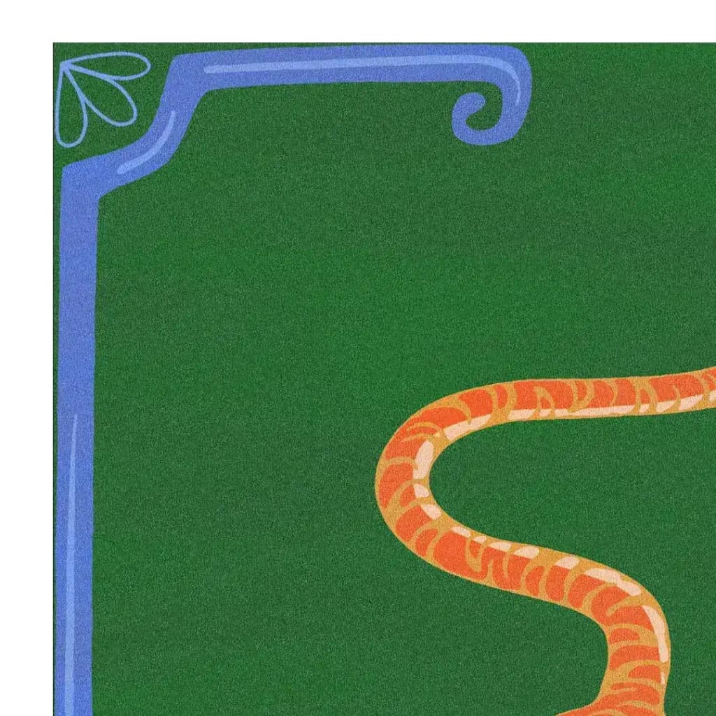 A vibrant hand-tufted area rug featuring an abstract orange tiger design on a dark green background. Perfect for adding a boho touch to a dining room or a large area rug for a living room. This wool rug combines style with durability, ideal for formal dining room settings.