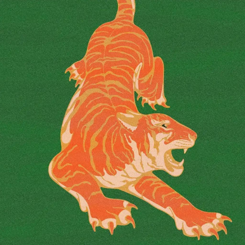 A stunning Orange Tiger Dark Green Hand Tufted Area Rug featuring a vibrant orange tiger design on a deep green background. Perfect for adding a bold statement to a dining room or living room, this wool rug combines boho chic with the elegance of formal dining room rugs. Ideal for those seeking large area rugs with unique flair.