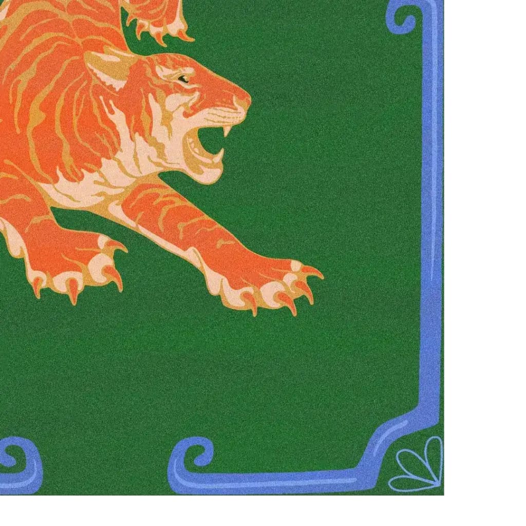 This vibrant area rug features a striking orange tiger design on a rich dark green background, perfect for adding a boho touch to your dining room. Crafted from wool, this large area rug is ideal for formal dining rooms or living rooms, combining bold style with comfort.