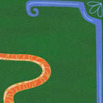 Close-up of an Orange Tiger Dark Green Hand Tufted Area Rug, showcasing vibrant boho design with orange and blue accents. Perfect for adding a touch of style to living rooms, this wool rug offers a large, artistic flourish suitable for modern living room area rugs.