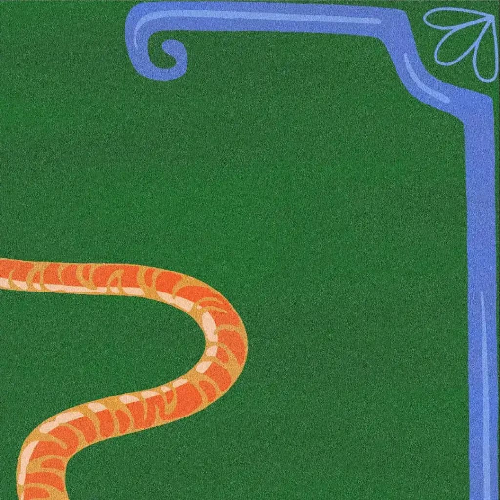 Close-up of an Orange Tiger Dark Green Hand Tufted Area Rug, showcasing vibrant boho design with orange and blue accents. Perfect for adding a touch of style to living rooms, this wool rug offers a large, artistic flourish suitable for modern living room area rugs.