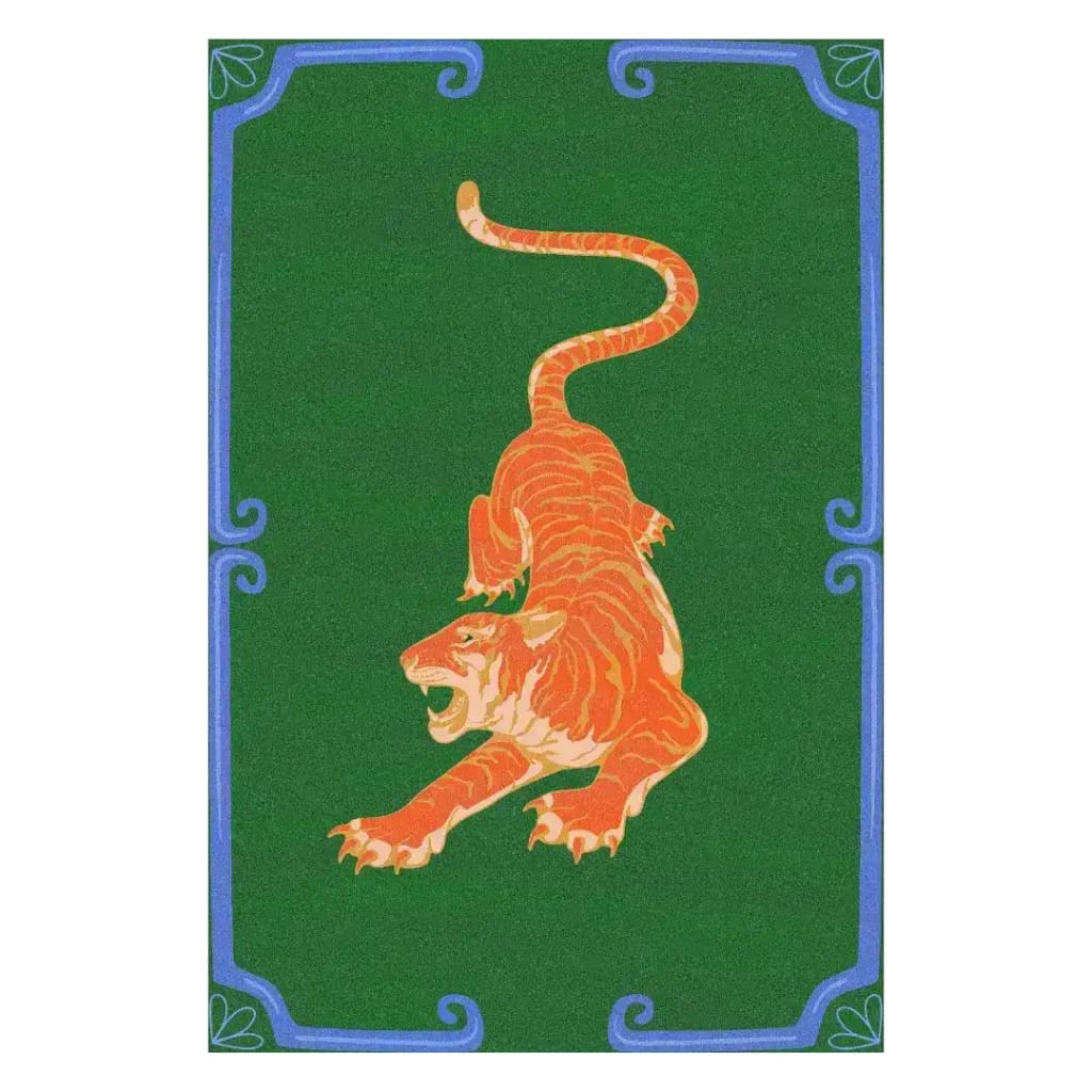 This striking Area Rug features a bold, abstract orange tiger design on a rich dark green background, perfect for adding a touch of wild elegance to your Living Room. Ideal as a large area rug, this hand-tufted wool rug brings a boho vibe to any space, making it a standout choice for those seeking unique rugs for living rooms.