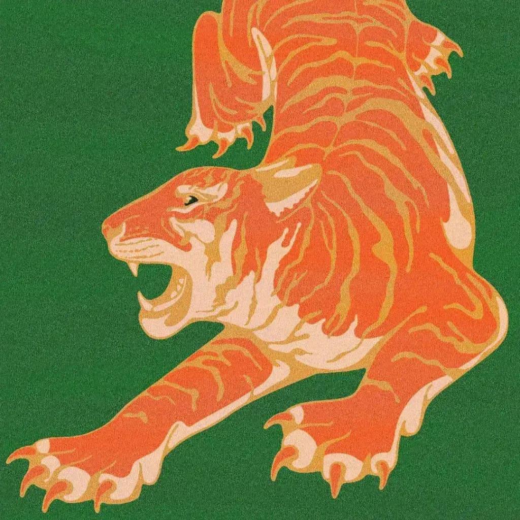 A vibrant hand-tufted area rug featuring an abstract orange tiger design on a dark green background. Perfect for adding a bold statement to your living room, this wool rug combines the beauty of boho style with the practicality of large area rugs, making it an ideal choice for living room area rugs.