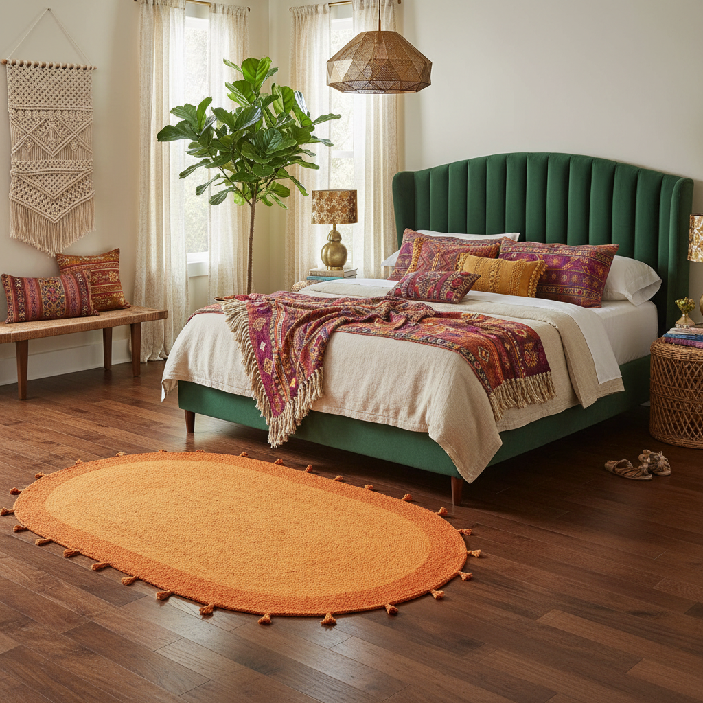 Orange Two Toned Oval Jute Rug with Tassels