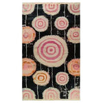 The Orbit Bloom Hand Tufted Rug is an eye-catching area rug featuring a bold, abstract design with concentric circles in shades of pink and orange against a dark background. Perfect for adding a vintage touch to your dining room or living room, this 8x10 wool rug combines elegance with modern flair, making it an ideal choice for both living room and dining room settings.