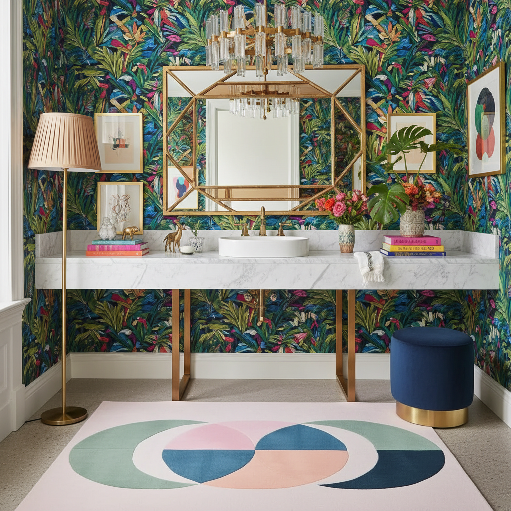 Modern bathroom with colorful floral wallpaper, a contemporary hand-tufted wool rug, a marble vanity, and decorative elements.