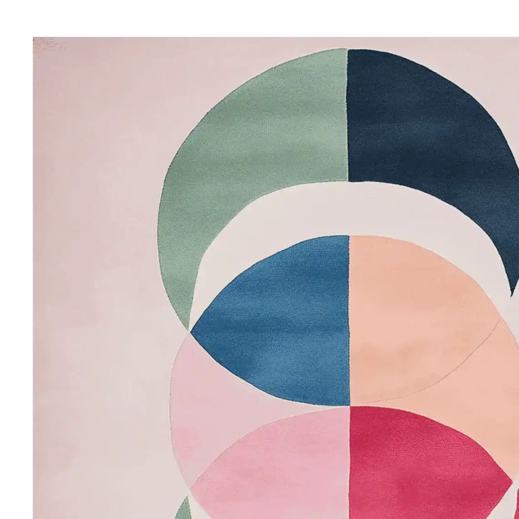 Top view of the Orbit Petal Prism Hand Tufted Rug, featuring a vibrant and contemporary abstract design in pastel colors. This area rug, perfect for large living rooms, showcases a blend of soft pinks, blues, and greens in a modern wool composition, ideal for those seeking stylish rugs for living room spaces.