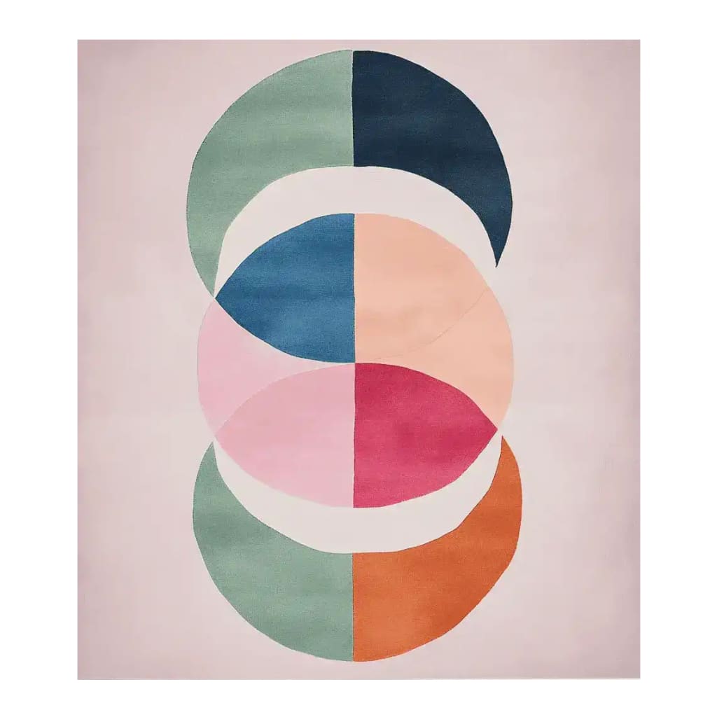 The Orbit Petal Prism Hand Tufted Rug showcases a striking contemporary design with bold, colorful geometric patterns. This luxurious wool rug is perfect for adding a modern touch to your living room, making it an ideal choice for large area rugs.