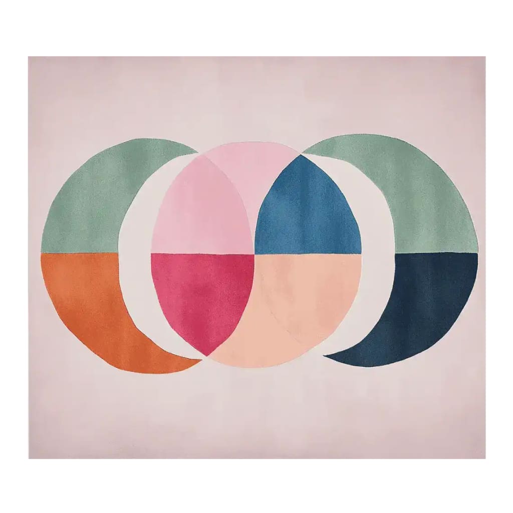 This vibrant area rug, titled 'Orbit Petal Prism Hand Tufted Rug', showcases a contemporary design with abstract overlapping circles in soft pastel tones of pink, blue, green, and orange against a neutral backdrop. Made from high-quality wool, this large living room rug adds a modern touch to any space, perfect for those seeking stylish rugs for their living room.