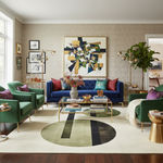 Modern living room with a geometric woo rug, blue sofa, green chairs, and abstract art on the wall.