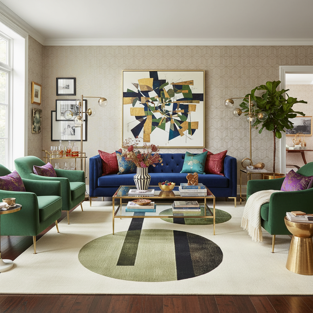 Modern living room with a geometric woo rug, blue sofa, green chairs, and abstract art on the wall.