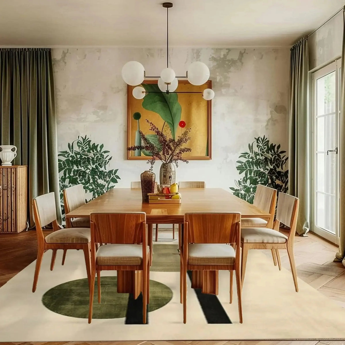 A beautifully designed contemporary area rug in a dining room setting, featuring a geometric pattern. The wool rug adds a modern touch to the wooden dining table and chairs, enhancing the elegance of the living room and dining room space.