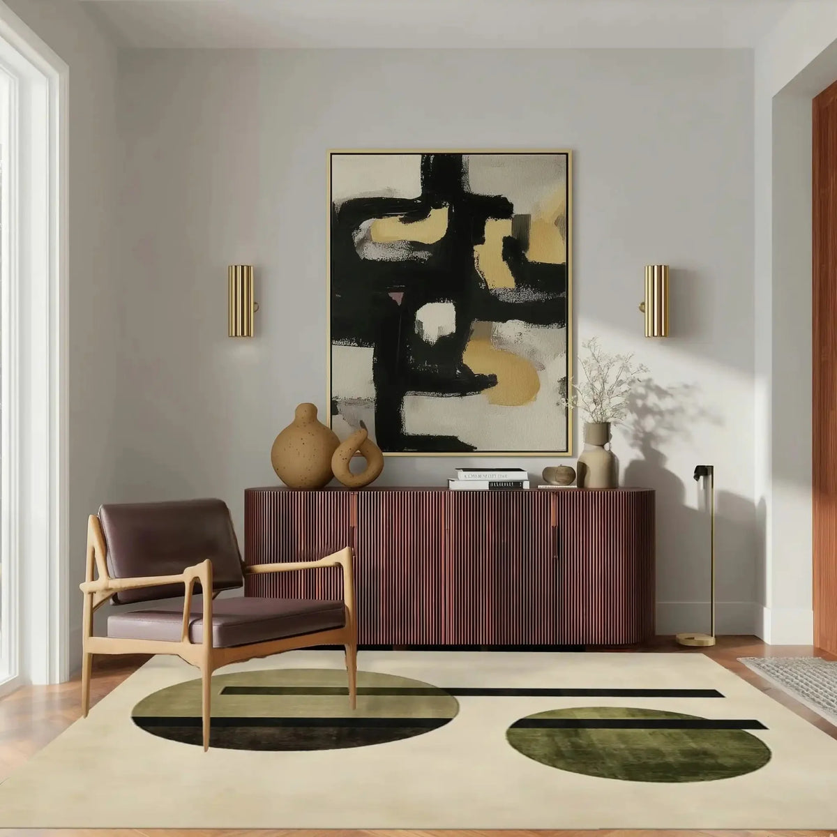 Elegant living room featuring a contemporary Area Rug with abstract circular patterns in earthy tones, complemented by stylish furniture and decor. Ideal for both living room and dining room spaces, this wool rug adds a modern touch to any home.