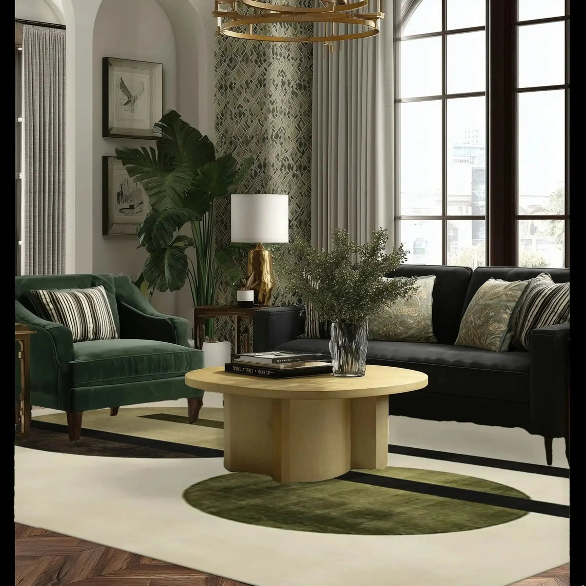 A stylish living room featuring the Orbital Harmony Hand Tufted Rug, a contemporary area rug perfect for dining rooms and living spaces. The wool rug displays a modern design with geometric patterns in green and beige tones, complementing the elegant furniture and decor.