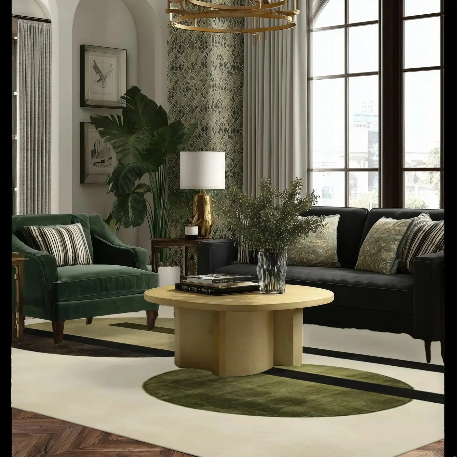 A stylish living room featuring the Orbital Harmony Hand Tufted Rug, a contemporary area rug perfect for dining rooms and living spaces. The wool rug displays a modern design with geometric patterns in green and beige tones, complementing the elegant furniture and decor.