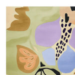 A vibrant hand-tufted area rug featuring an abstract design with bold colors like purple, green, and brown. This contemporary wool rug is perfect for adding a splash of creativity to your living room decor, making it a standout among area rugs for living rooms.