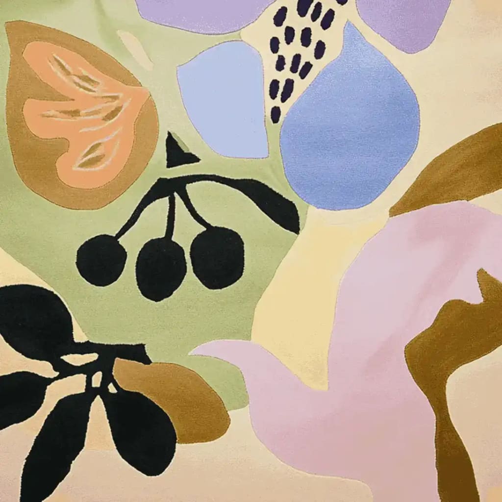 A vibrant Orchard Dream Shapes Hand Tufted Area Rug featuring an abstract design with colorful organic shapes in pastel shades. This contemporary wool rug is perfect for adding a touch of modern artistry to your living room. Ideal choice among area rugs for living room spaces.