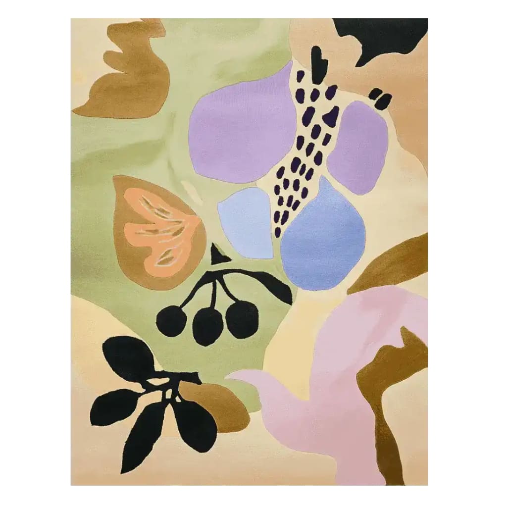 Orchard Dream Shapes Hand Tufted Area Rug featuring a vibrant abstract design with pastel colors and organic shapes, ideal for a contemporary living room decor. This wool rug adds a soft, artistic touch to any space, perfect as a centerpiece among area rugs for living room.