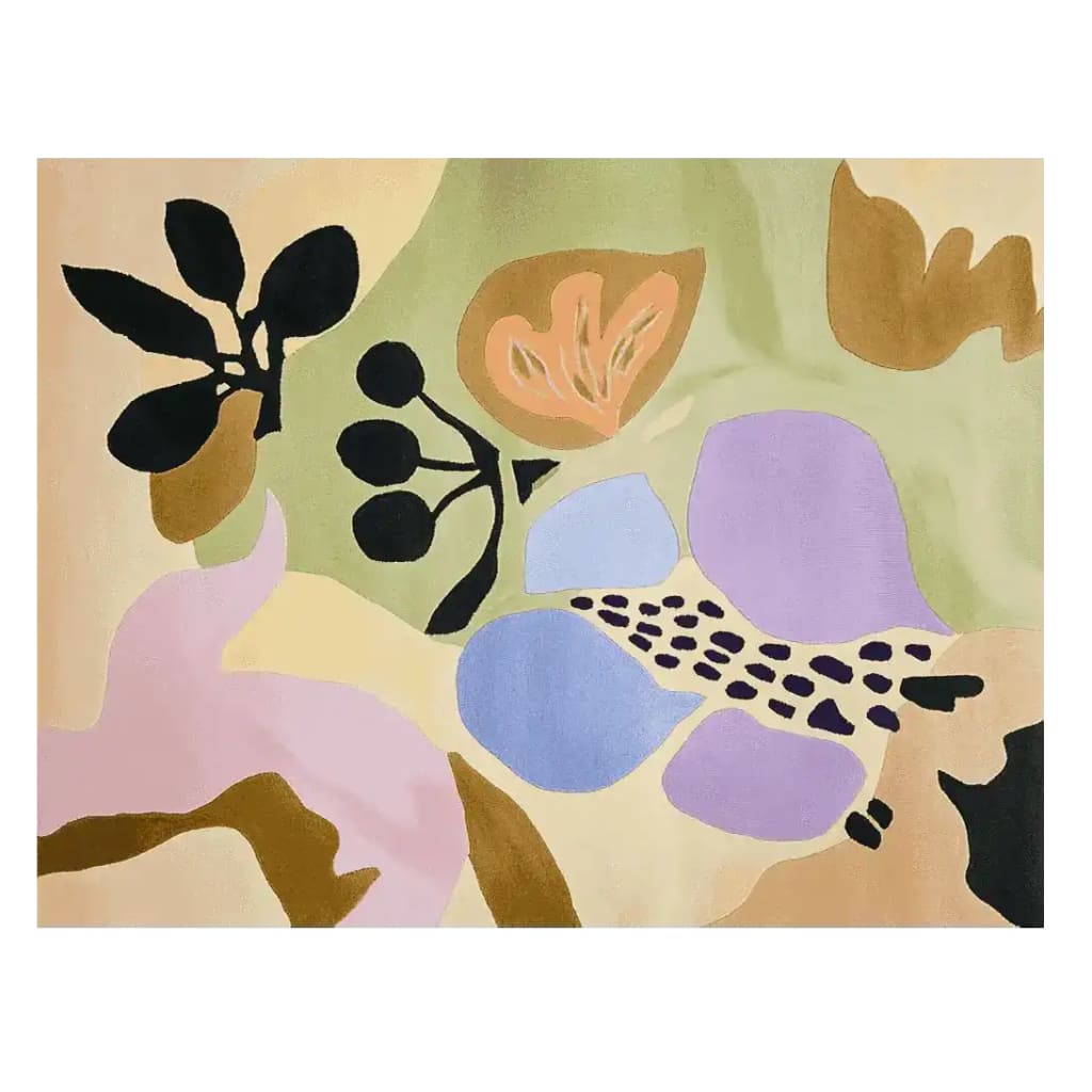 Orchard Dream Shapes Hand Tufted Rug featuring an abstract floral design in soft pastel colors. This contemporary wool area rug is perfect for adding a touch of elegance to your living room. The vibrant abstract patterns make it an ideal choice for area rugs in modern living spaces.