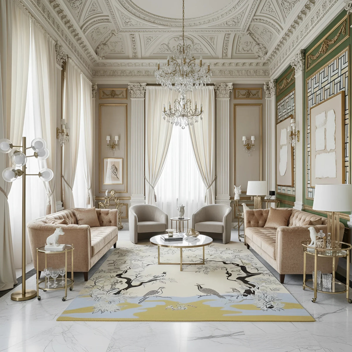 Luxurious living room with ornate decor, chandelier, a chinoiserie wool rug, and elegant furniture.