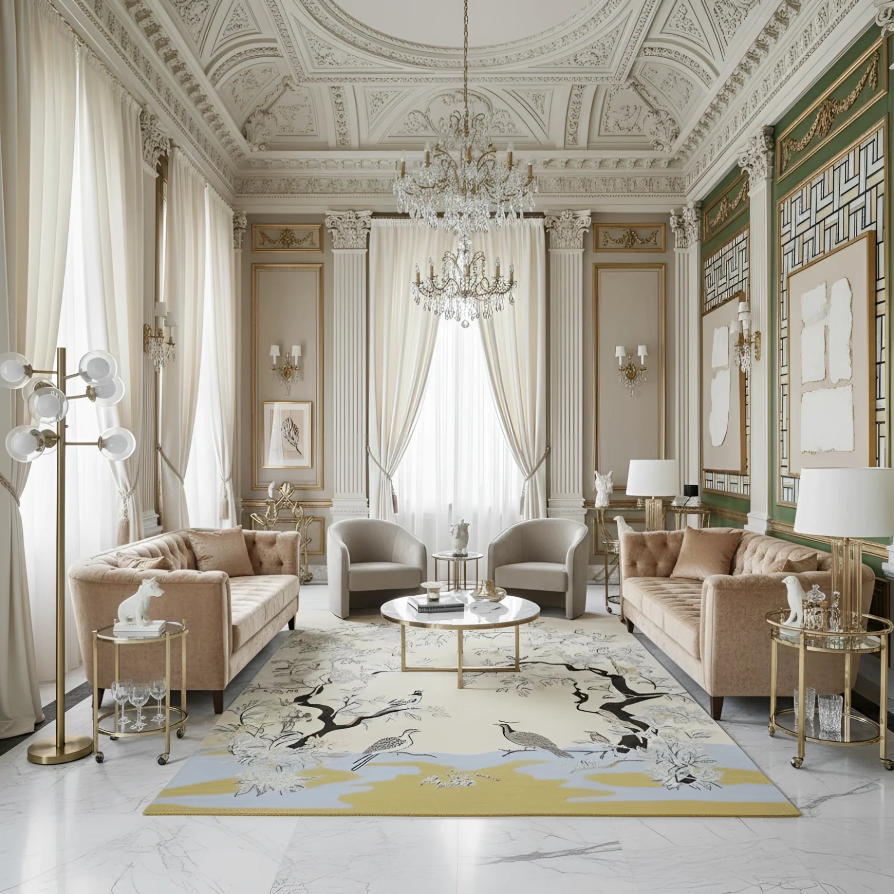 Luxurious living room with ornate decor, chandelier, a chinoiserie wool rug, and elegant furniture.