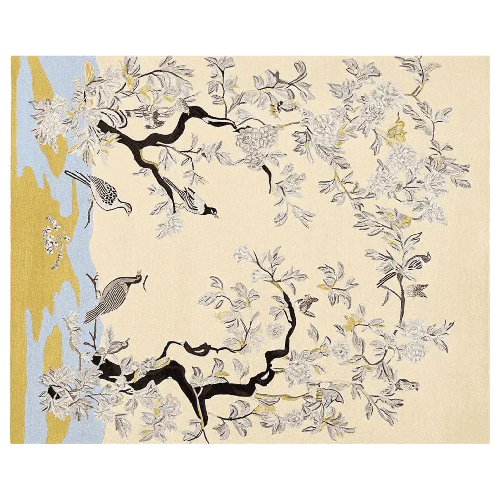 Elegant Orchard Quiet Bloom Hand Tufted Area Rug showcasing intricate floral and bird designs. This wool rug is perfect for adding a touch of nature to large living room spaces, making it an ideal choice for area rugs in living rooms.