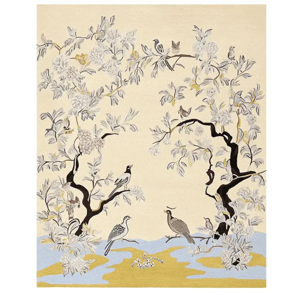 The Orchard Quiet Bloom Hand Tufted Rug is a stunning area rug featuring an elegant nature-inspired design with birds and floral motifs. This wool rug is perfect for large living room spaces, adding a touch of sophistication and warmth. Ideal for those seeking exquisite area rugs for living room settings.