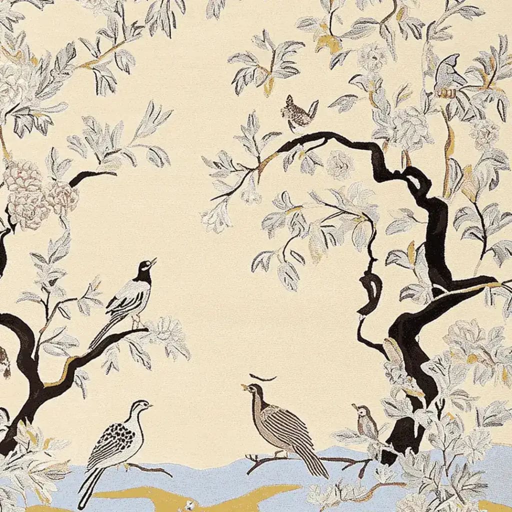 Beautifully detailed area rug featuring a serene nature scene with birds perched on branches, perfect for enhancing large living room spaces. This wool rug, known as the Orchard Quiet Bloom Hand Tufted Rug, showcases intricate designs ideal for adding elegance and charm to any area rug setting.