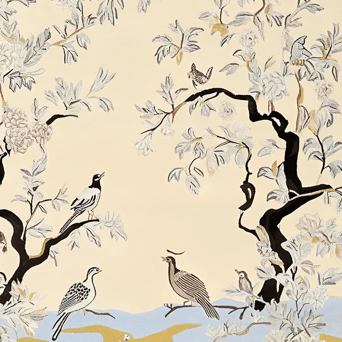 Beautifully detailed area rug featuring a serene nature scene with birds perched on branches, perfect for enhancing large living room spaces. This wool rug, known as the Orchard Quiet Bloom Hand Tufted Rug, showcases intricate designs ideal for adding elegance and charm to any area rug setting.