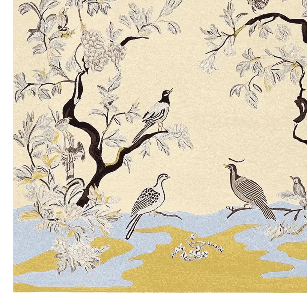 Orchard Quiet Bloom Hand Tufted Area Rug featuring a serene nature scene with elegant birds perched on branches. This wool rug showcases intricate detailing in soft hues, perfect for large living room spaces. A beautiful example of area rugs for living room, adding a touch of tranquility and style.