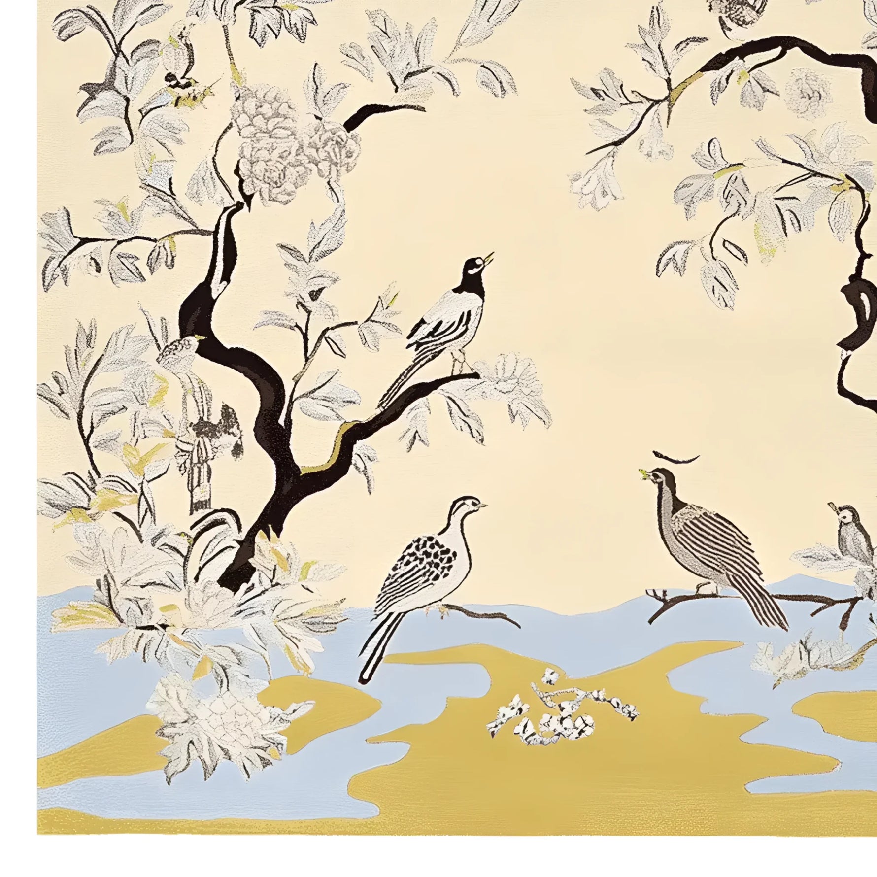 Orchard Quiet Bloom Hand Tufted Area Rug featuring a serene nature scene with elegant birds perched on branches. This wool rug showcases intricate detailing in soft hues, perfect for large living room spaces. A beautiful example of area rugs for living room, adding a touch of tranquility and style.