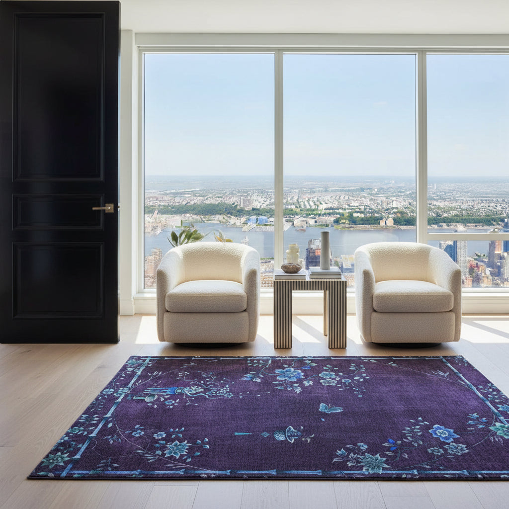 Purple rug with floral patterns on a white background