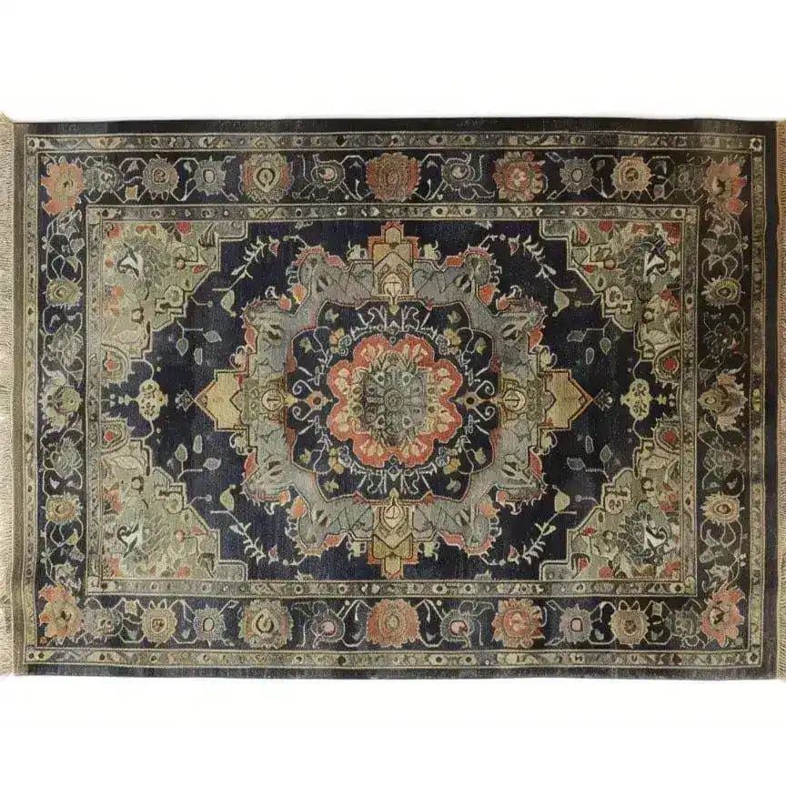 Top view of the Orchid Opulence Hand Knotted Area Rug showcasing an intricate vintage design with rich colors. This large living room rug features a detailed Persian rug pattern, perfect for adding elegance to any space.