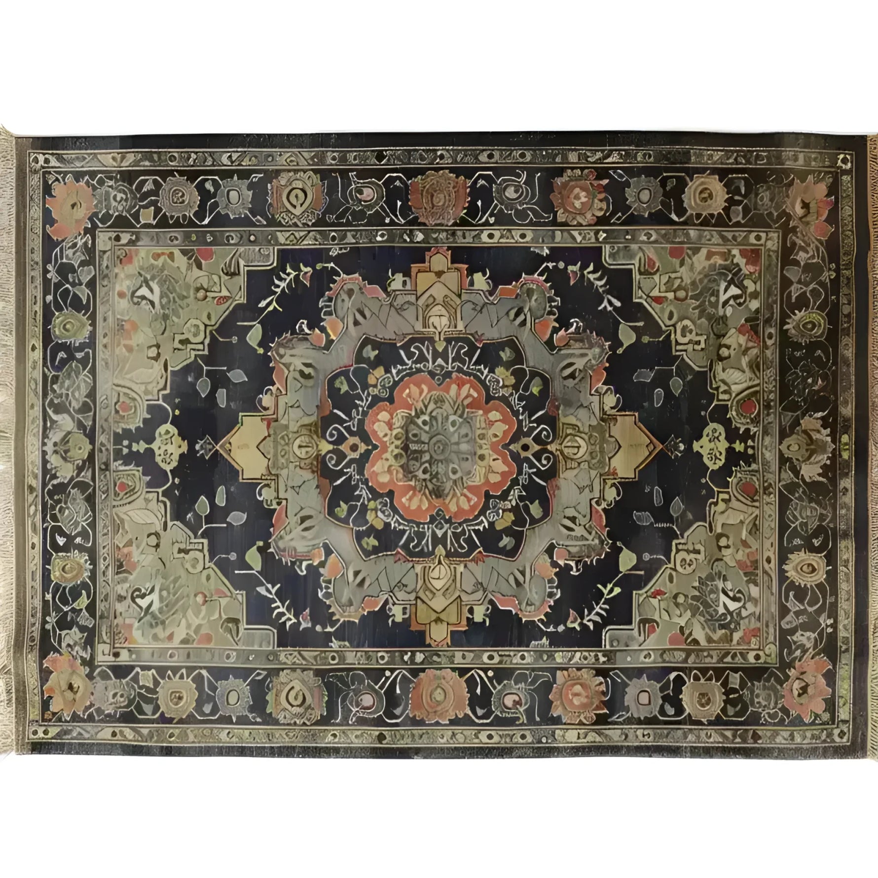 Top view of the Orchid Opulence Hand Knotted Area Rug showcasing an intricate vintage design with rich colors. This large living room rug features a detailed Persian rug pattern, perfect for adding elegance to any space.