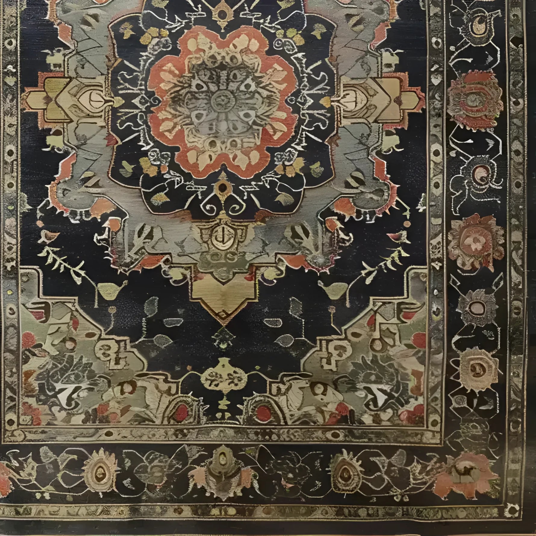A beautifully detailed, vintage-style area rug perfect for large living rooms. This Persian-inspired rug features intricate floral patterns with bold colors, making it a stunning centerpiece.